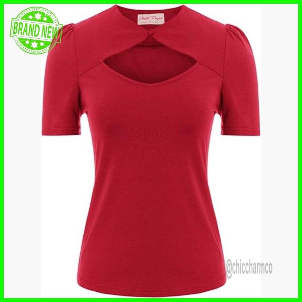 Vintage Keyhole Neck Short Sleeve Cotton Blouse Slim Fit Office Casual